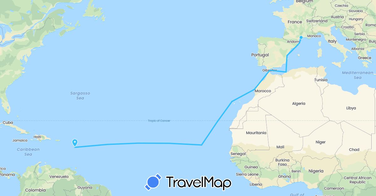 TravelMap itinerary: boat in Cape Verde, Algeria, Spain, France, Gibraltar, Morocco (Africa, Europe)